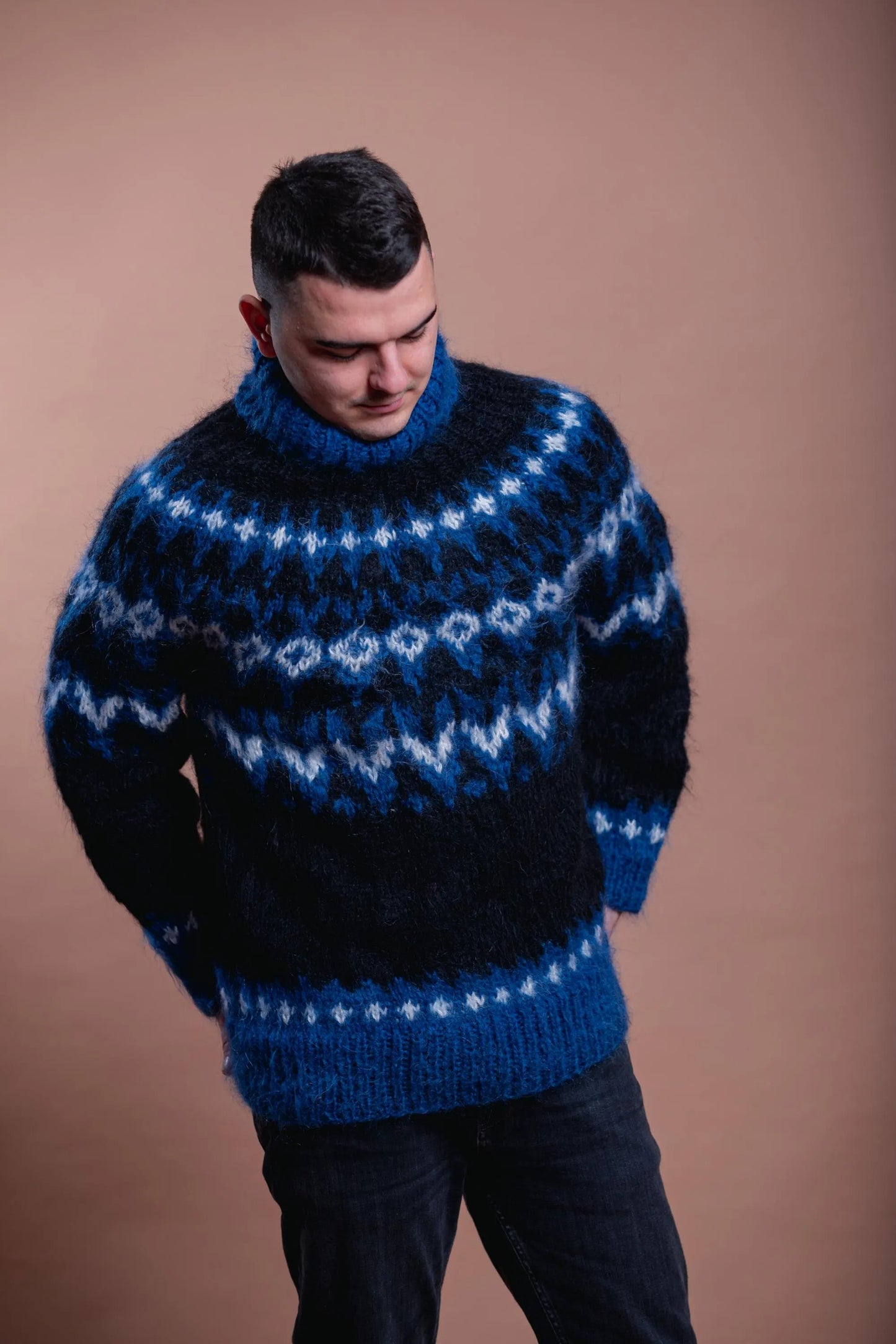 Nordic Mohair Men’s Cozy Pullover, Blue Patterned Handmade Warm Sweater
