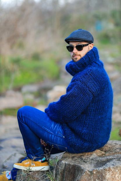 High Neck Dark Blue Men’s Cozy Sweater,  Soft Warm Mohair Blend Pullover