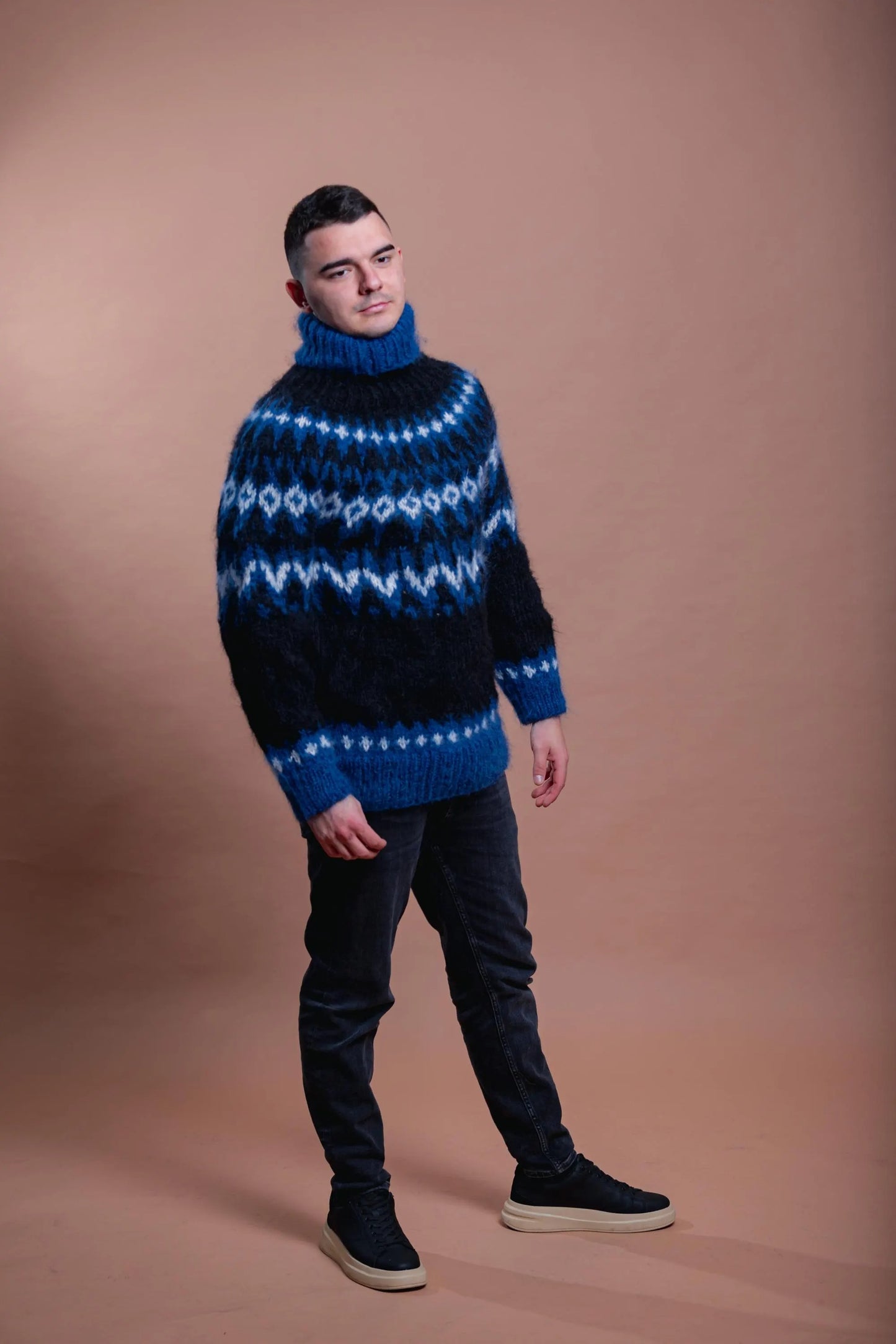 Nordic Mohair Men’s Cozy Pullover, Blue Patterned Handmade Warm Sweater
