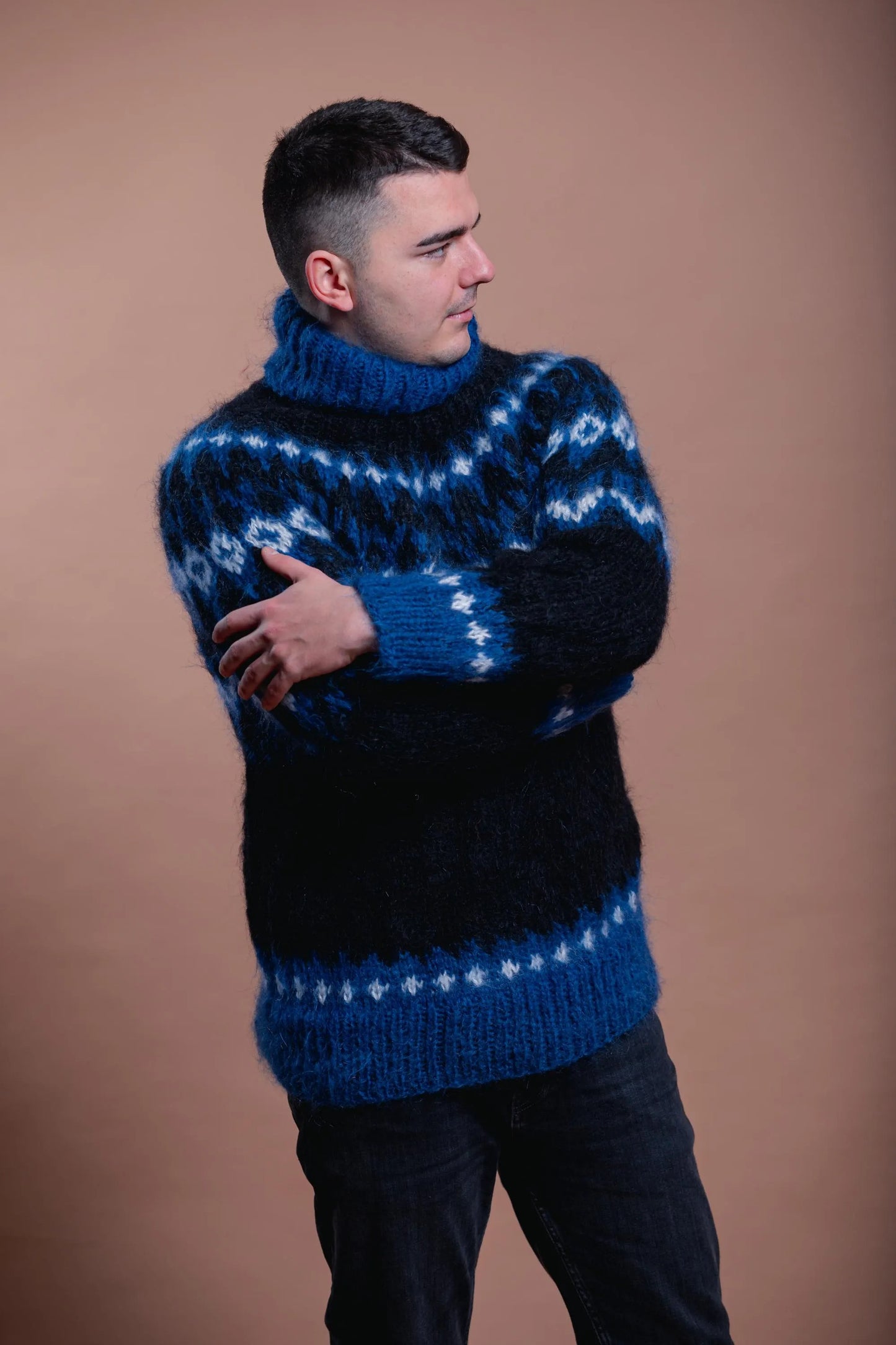 Nordic Mohair Men’s Cozy Pullover, Blue Patterned Handmade Warm Sweater