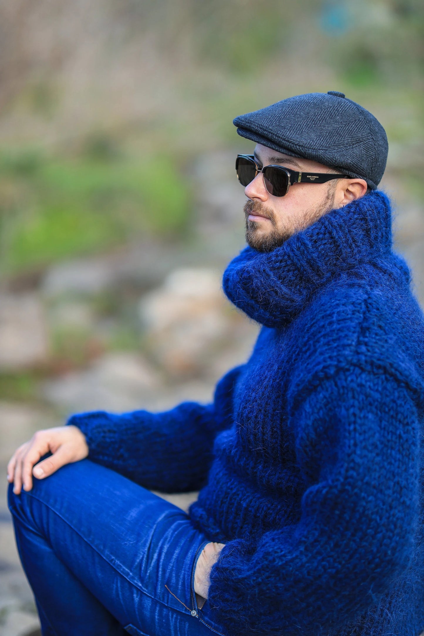 High Neck Dark Blue Men’s Cozy Sweater,  Soft Warm Mohair Blend Pullover