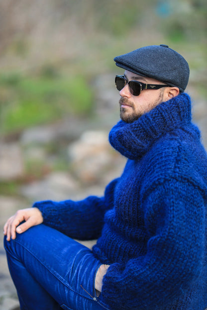 High Neck Dark Blue Men’s Cozy Sweater,  Soft Warm Mohair Blend Pullover