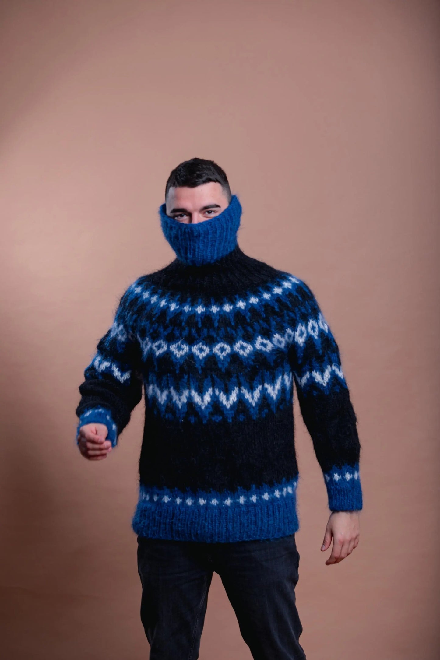 Nordic Mohair Men’s Cozy Pullover, Blue Patterned Handmade Warm Sweater