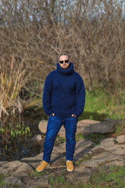 High Neck Dark Blue Men’s Cozy Sweater,  Soft Warm Mohair Blend Pullover