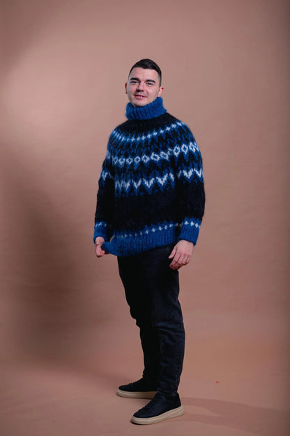 Nordic Mohair Men’s Cozy Pullover, Blue Patterned Handmade Warm Sweater