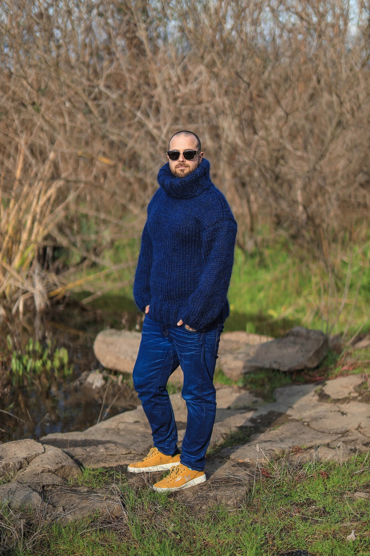 High Neck Dark Blue Men’s Cozy Sweater,  Soft Warm Mohair Blend Pullover