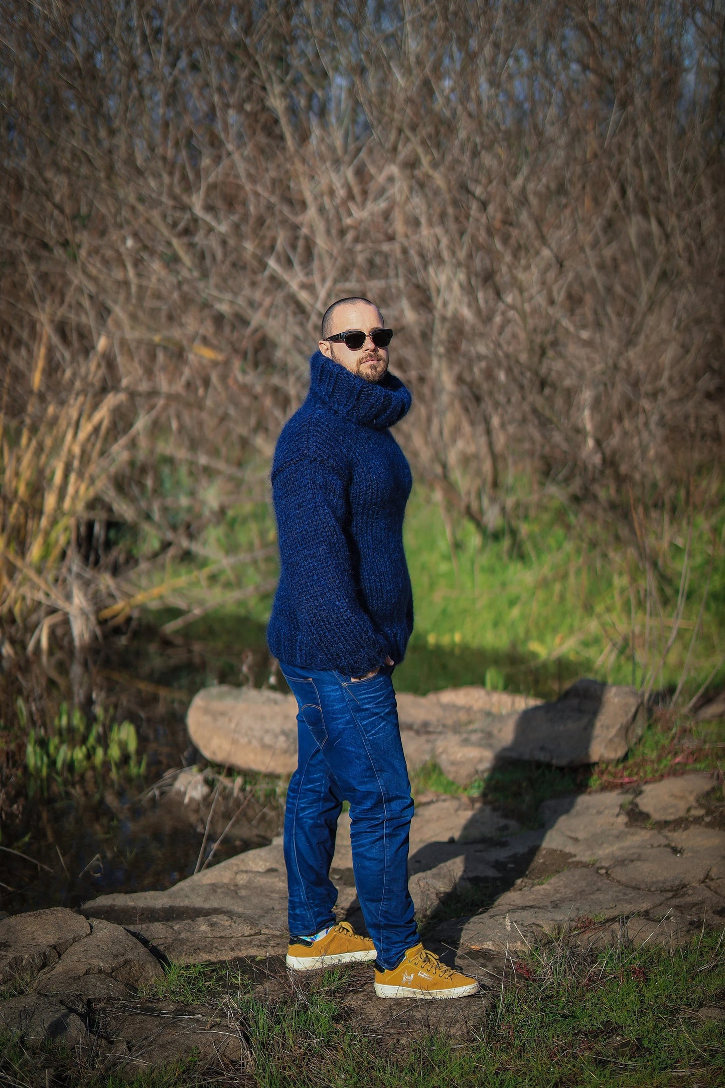 High Neck Dark Blue Men’s Cozy Sweater,  Soft Warm Mohair Blend Pullover