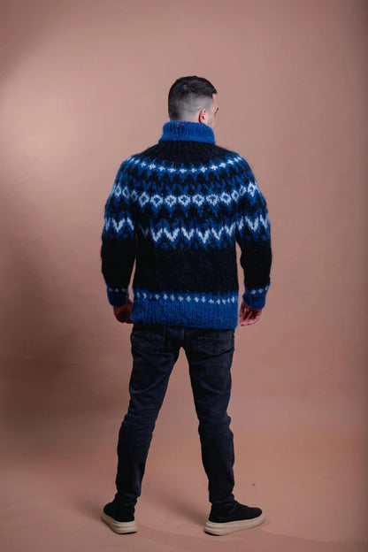 Nordic Mohair Men’s Cozy Pullover, Blue Patterned Handmade Warm Sweater