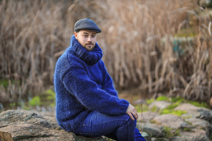 High Neck Dark Blue Men’s Cozy Sweater,  Soft Warm Mohair Blend Pullover