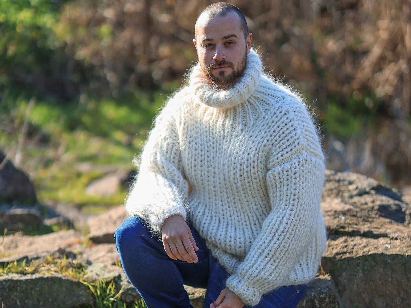 Mohair Men’s Cozy Jumper, Chunky Turtleneck Sweater, Soft Warm Handmade Winter Knit